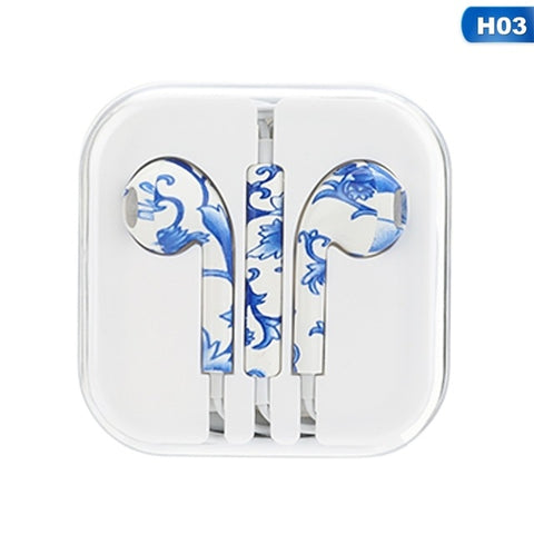 Wired Earbuds China-Style Floral-printed Stereo Music Earphones Drive-by-wire Headphones for iPhone Smart Phone