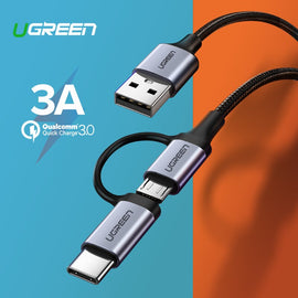 Ugreen USB Type C Cable for Samsung Galaxy S10 S9 2 in 1 Fast Micro USB Cable Charging Data Cable Moble Phone USB Charger Cord